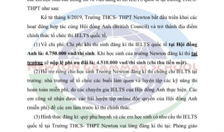 [THÔNG BÁO] Nhận đăng ký thi IELTS quốc tế tại Trường THCS – THPT Newton