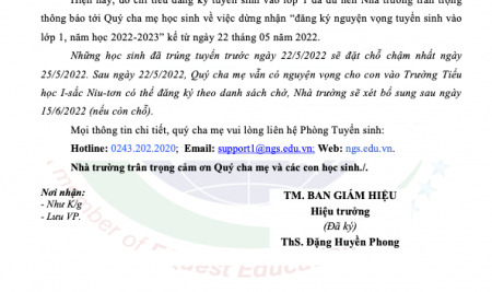 THÔNG BÁO: TẠM DỪNG ĐĂNG KÝ NGUYỆN VỌNG TUYỂN SINH VÀO LỚP 1 – TIỂU HỌC I-SẮC NIU-TƠN